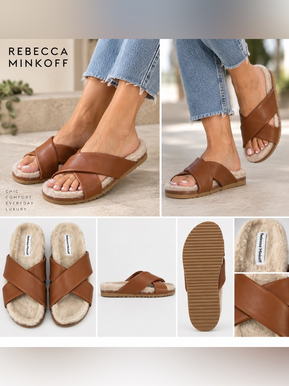 Rebecca Minkoff Brown Faux Fur Crossband Slide Sandals Women’s 8 NWT